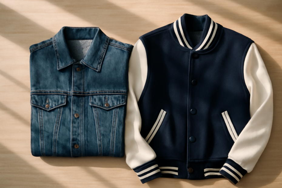 Jaket denim dan jaket varsity pria ditata berdampingan di atas meja kayu