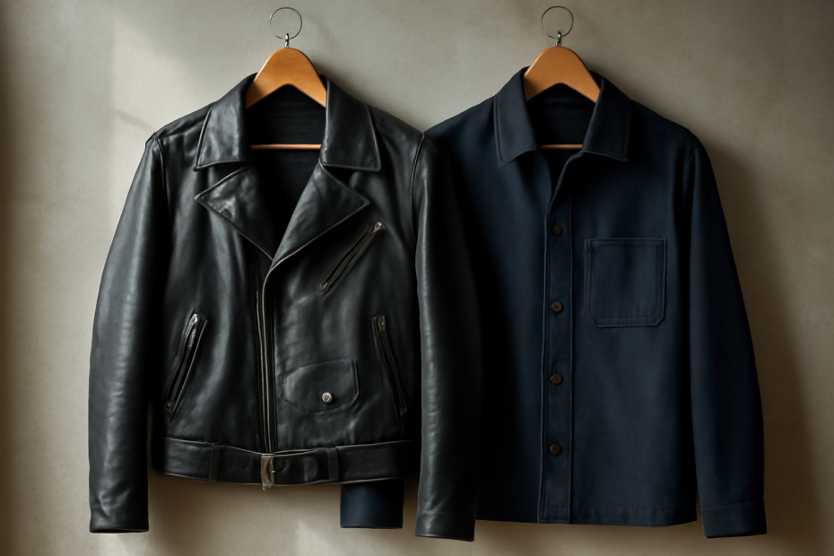 Perbandingan jaket kulit hitam dan jaket kain kanvas biru dongker yang digantung berdampingan