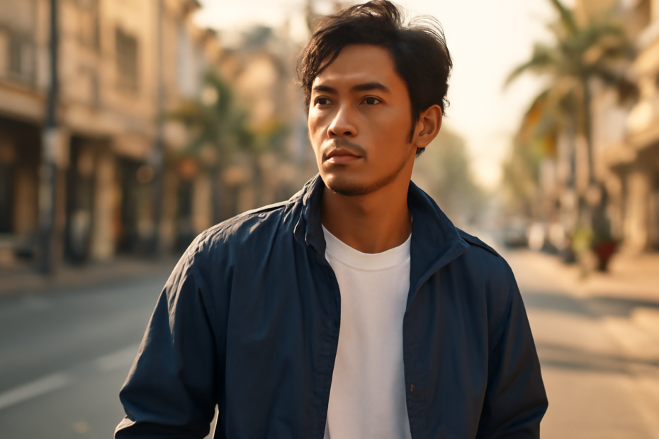 Pria mengenakan jaket nylon tipis warna navy untuk cuaca tropis