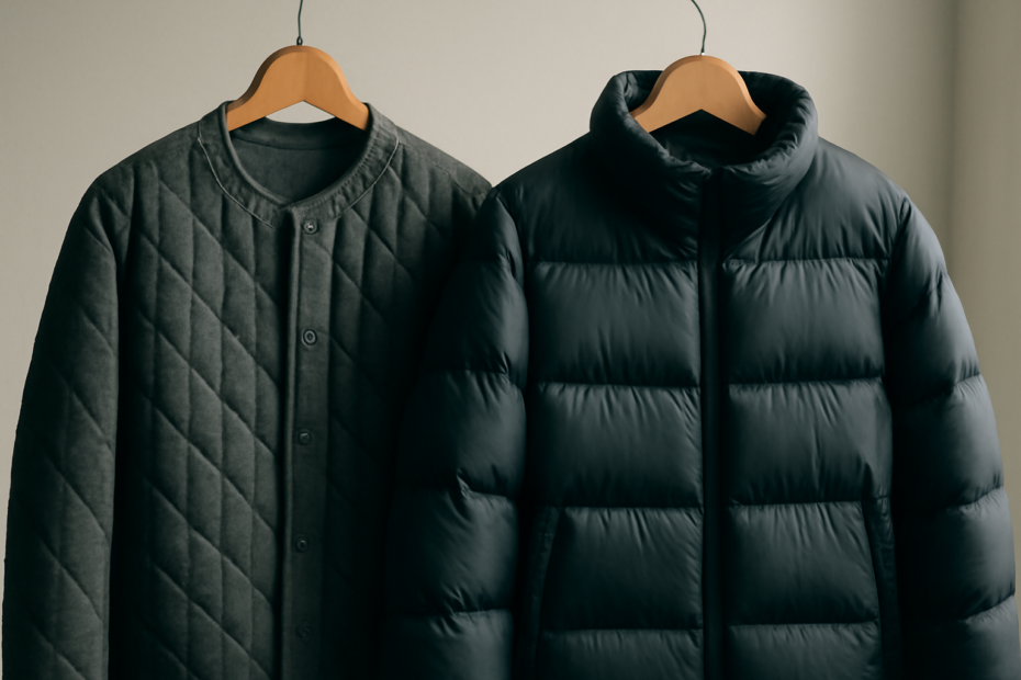 Dua jaket pria digantung berdampingan, jaket quilted tipis dan jaket puffer tebal