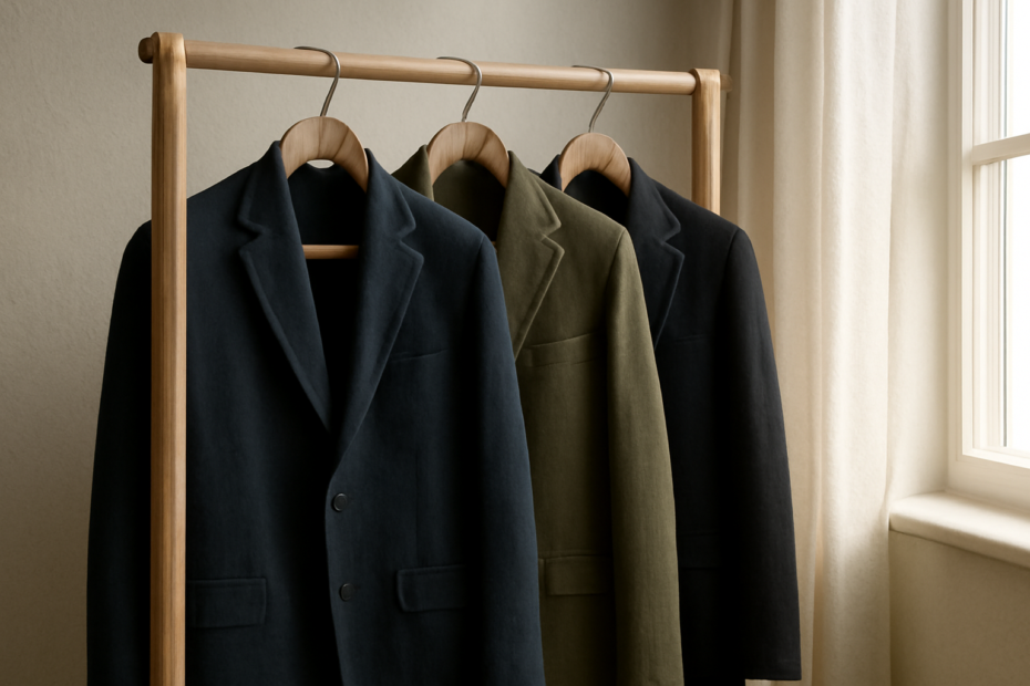 Tiga jaket pria warna navy, olive, dan hitam digantung rapi di rak kayu dekat jendela
