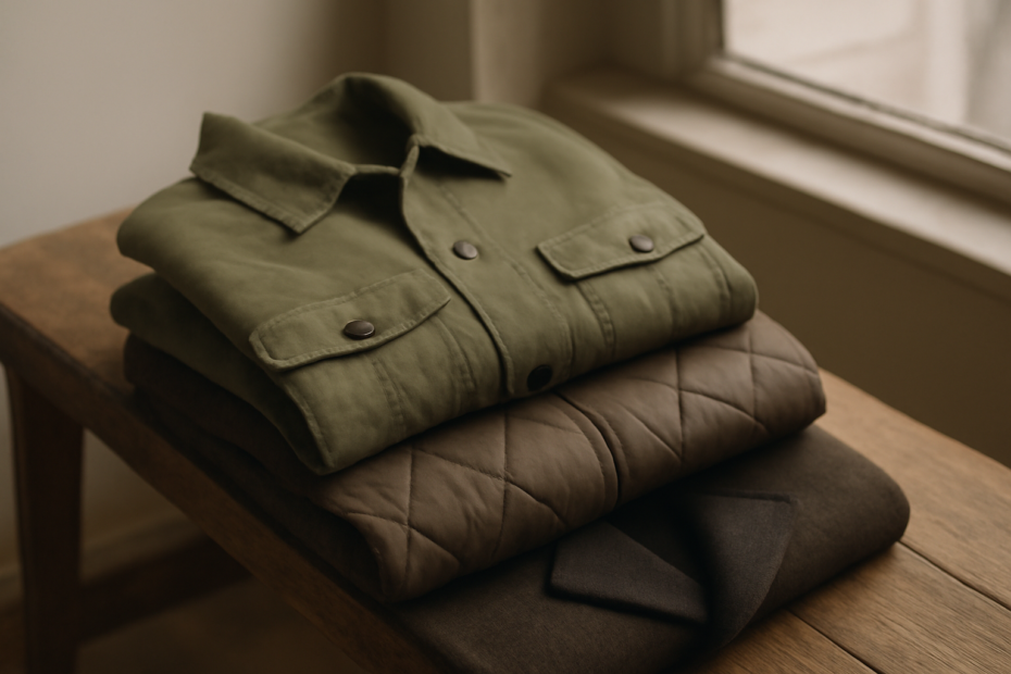 Tumpukan jaket pria dari bahan kanvas, quilted, dan wol di bangku kayu