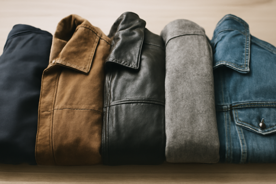 Lima jenis bahan jaket pria ditata berdampingan di atas meja kayu