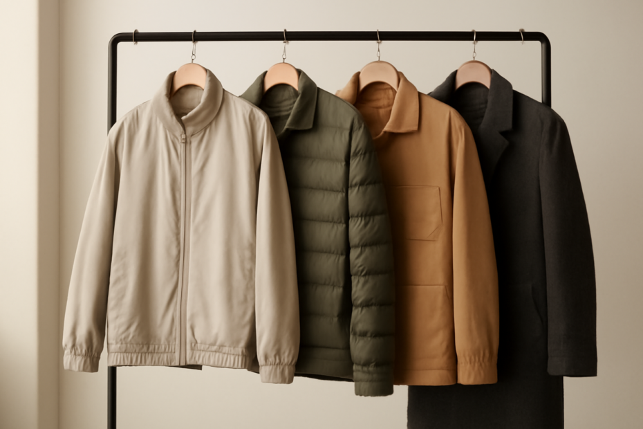 Rak berisi berbagai jenis jaket pria untuk cuaca berbeda